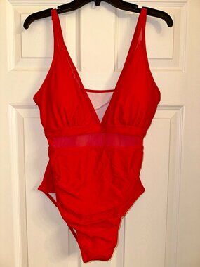 Skyline Swim Women's Solid Contrast Red Mesh Rouched One-Piece Swimsuit XXL NWT